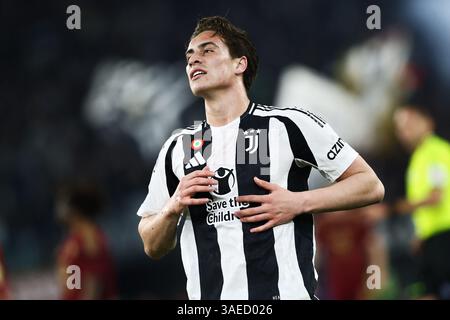 Roma, Italia. 6 aprile 2025. Kenan Yldiz della Juventus guarda durante la partita di campionato italiano di serie A tra AS Roma e Juventus FC il 6 aprile 2025 allo Stadio Olimpico di Roma. Crediti: Federico Proietti / Alamy Live News Foto Stock