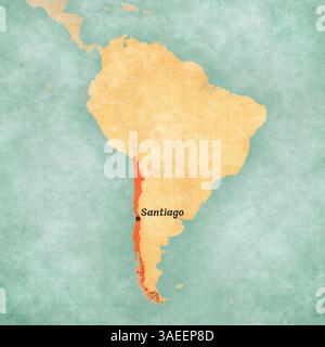 Santiago sulla mappa del Sud America in morbido grunge e stile vintage, come carta vecchia con pittura ad acquerello. Foto Stock