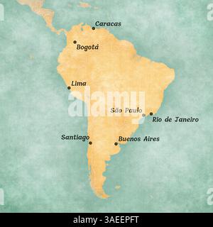 Buenos Aires, Bogotà, Caracas, Lima, Rio de Janeiro, Santiago, San Paolo sulla mappa del Sud America. Foto Stock