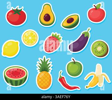 Set di adesivi di frutta e verdura. Illustrazione vettoriale disegnata a mano. Illustrazione Vettoriale