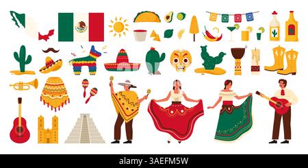 Viaggio in Messico, vacanze di carnevale, festa musicale e festival, simboli turistici. Il popolo messicano danza e suona strumenti musicali, sole estivo e cactus, antica illustrazione vettoriale dei cartoni animati delle piramidi Illustrazione Vettoriale