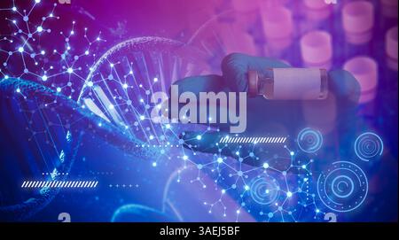 Scienziato in possesso di provette o fiale per test medici di ricerca farmaceutica medica con cellule del sangue e cura del virus utilizzando il sequenziamento del genoma del DNA Foto Stock