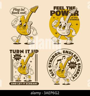 Personaggio della chitarra elettrica illustrazione retrò con testo in versione quattro. Ottimo per la stampa di t-shirt Illustrazione Vettoriale