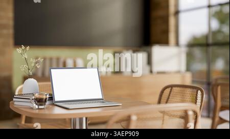 Il computer portatile con schermo bianco con libri e una tazza di caffè su un tavolo di legno nella caffetteria o caffetteria. Mockup pubblicitario, rendering 3D, illustrazione 3D. Foto Stock
