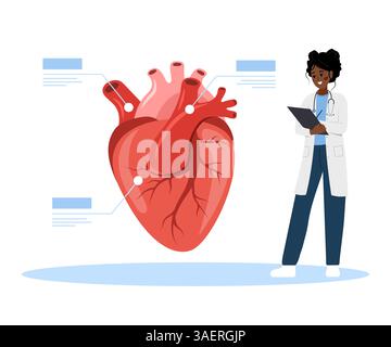 Concetto di cardiologo. Salute del cuore. Il medico femminile africano esamina gli organi interni. Illustrazione vettoriale in stile cartone animato piatto Illustrazione Vettoriale
