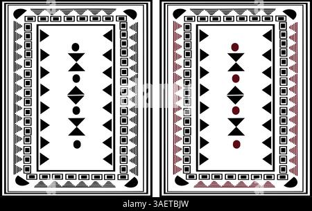 Due motivi geometrici di ispirazione tribale con triangoli neri, cerchi e quadrati su sfondo bianco, caratterizzati da un bordo decorativo e un variato Foto Stock