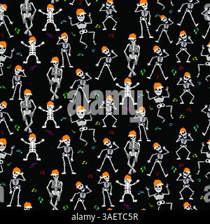 Motivo divertente e bizzarro con scheletri danzanti che indossano berretti arancioni da baseball e note musicali sparse su sfondo scuro, perfetto per un gioco Foto Stock