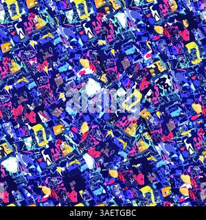 Fantasia astratta intricata e vibrante con un tocco testurizzato, caratterizzata da un ricco mix di blu, gialli, rossi e bianchi per un'esperienza visiva coinvolgente Foto Stock