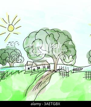 Semplice e affascinante disegno per bambini di un paesaggio rurale con una casa colonica, alberi, un sentiero e un sole luminoso, che evocano un senso di pace della campagna Foto Stock