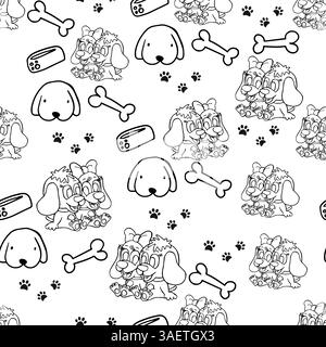 Adorabile motivo in bianco e nero con carini cani da cartone animato, ossa, impronte di zampe e ciotole, perfetto per un design affascinante e divertente Foto Stock
