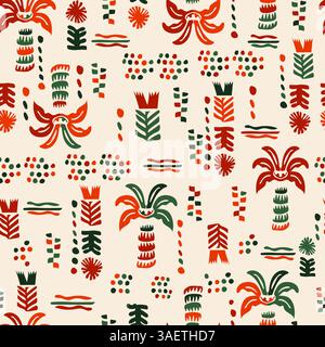 Un vivace motivo tribale africano senza cuciture con palme stilizzate e motivi geometrici. Presenta colori audaci e una sensazione disegnata a mano, perfetta per l'ambiente Foto Stock