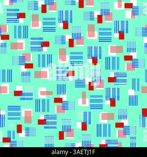 Moderno motivo geometrico con rettangoli a righe blu e rosse su sfondo verde chiaro per un design tessile contemporaneo. Foto Stock