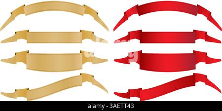 Un set di quattro banner a nastro rosso e oro isolati su sfondo bianco per mazzi, collage, scenografie, interfaccia utente, branding o campagna di identità Illustrazione Vettoriale
