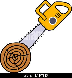 illustrazione vettoriale di colore trafilato a mano con sega a catena per tagliare tronchi di legno Illustrazione Vettoriale