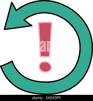 illustrazione del vettore di colore disegnata a mano con freccia in senso antiorario con punto esclamativo Illustrazione Vettoriale