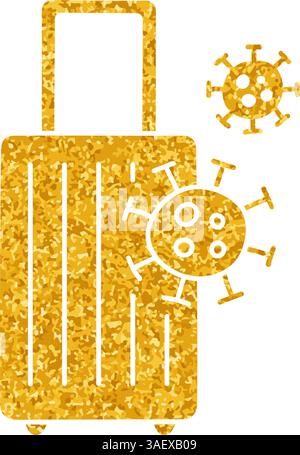 Bagaglio da viaggio con virus disegno in stile color oro Illustrazione Vettoriale