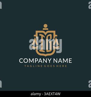 Logo IG iniziale per lo studio legale con scala moderna di lusso e grafica vettoriale con logo a forma di icona a scudo Illustrazione Vettoriale