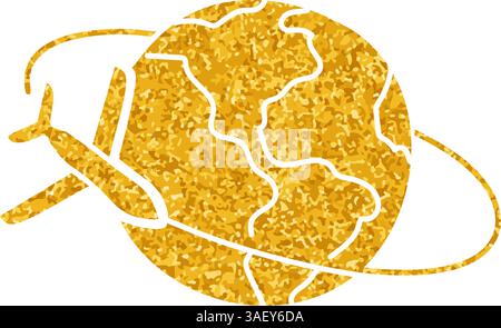 Aeroplano in orbita intorno al disegno della terra in stile oro Illustrazione Vettoriale