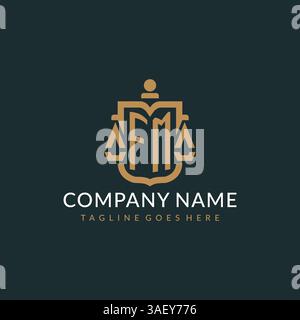 Logo FM iniziale per lo studio legale con scala moderna di lusso e grafica vettoriale con logo a forma di icona a scudo Illustrazione Vettoriale