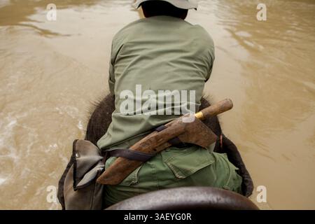 25 ottobre 2012 - Sumatra, Indonesia - Un machete è un utensile standard per un ranger accanto a un gancio. I centri degli elefanti di Sumatra, in Indonesia, sono il santuario degli elefanti di Sumatra (Elephas maximus sumatranus). A partire dagli anni '1980, gli elefanti selvatici che vagano negli insediamenti umani vengono spesso trasferiti in questi luoghi e addestrati a soddisfare le esigenze umane: Portapacchi, circo, ecc.. Il centro di conservazione degli elefanti nel Parco Nazionale Way Kambas fu il pioniere di diversi centri di conservazione degli elefanti istituiti a Sumatra oggi. Più di 700 elefanti sono stati trasferiti in questi paesi Foto Stock