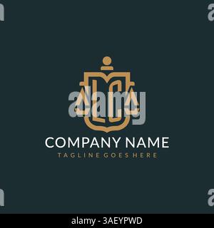 Logo LC iniziale per lo studio legale con scala moderna di lusso e grafica vettoriale con logo con icona a scudo Illustrazione Vettoriale