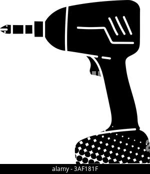 Icona di trapano elettrico a batteria, utensile per la lavorazione del legno, icona nera disegnata a mano con texture a mezzitoni Illustrazione Vettoriale