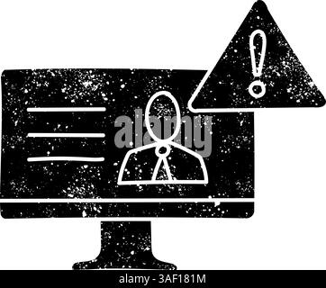 Icona di avviso notizie false monitor del computer con il simbolo nero disegnato a mano in un aspetto grunge Illustrazione Vettoriale