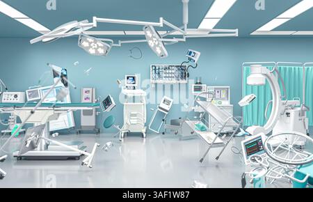Apparecchiature medicali che galleggiano in sala operatoria a gravità zero 3d. Foto Stock