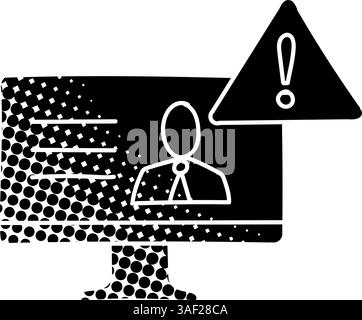 Icona di avviso notizie false monitor del computer con simbolo nero disegnato a mano in stile texture mezzitoni Illustrazione Vettoriale