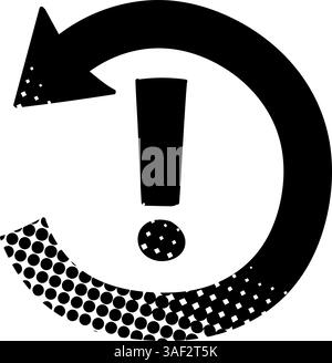 Icona a forma di freccia rotante in senso antiorario con punto esclamativo icona nera disegnata a mano in stile mezzitoni Illustrazione Vettoriale