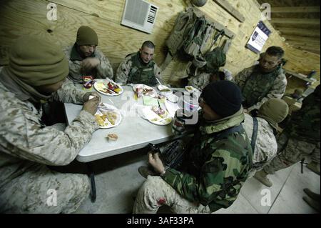 21 dicembre 2004; Camp Fallujah, Iraq; Marines with Combat Service Support Company 115, consuma una colazione mattutina all'interno di una baracca di legno a Camp Fallujah, Iraq, prima di partire per un convoglio a Fallujah, il 21 dicembre 2004. Il CSSC-115 di Camp Pendleton, California, è responsabile della fornitura di provviste, come cibo, acqua, munizioni e carburante, alle unità marine che operano a Fallujah e nelle sue vicinanze. Nel mese di novembre, l'unità di Camp Pendleton, California, parte del 1st Force Service Support Group, ha registrato più di 31.000 miglia di tempo su strada a sostegno delle operazioni di combattimento a Fallujah. I Marines funzionano Foto Stock