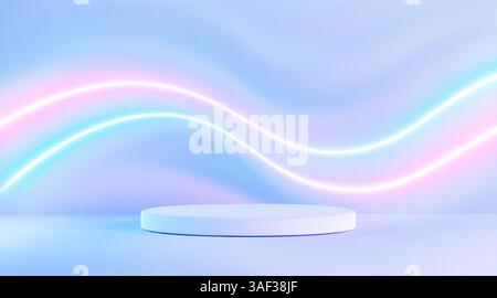 Tavolino 3d con ologramma con onde luminose curve al neon su sfondo blu a gradiente pastello. Piattaforma circolare vuota per l'esposizione del prodotto. Podio futuristico minimalista illuminato da linee ondulate brillanti. Illustrazione Vettoriale