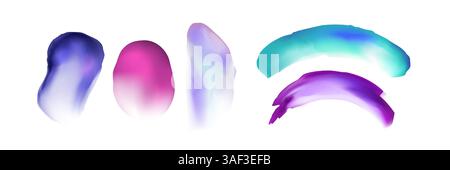 Set pennellate colorate ad acquerello: Brillanti spruzzi di pennello sfumato viola, rosa e blu. Colorazioni, blot, macchie, macchie di vernice ad acquerello fluido. Macchie di inchiostro liquido vibranti. Illustrazione Vettoriale