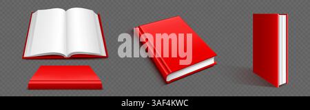 Apri libro da diverse angolazioni con vista laterale. Set di pubblicazioni con copertina rigida rossa che mostra pagine vuote, dorso, copertina anteriore e varie prospettive per la creazione di mockup, la progettazione di app didattiche o di lettura. Illustrazione Vettoriale