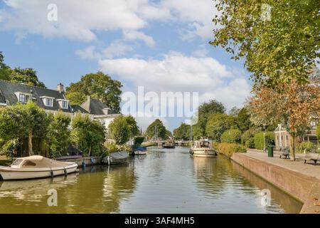 Un pittoresco canale caratterizzato da affascinanti barche circondate da alberi lussureggianti e case pittoresche sotto un cielo azzurro, evocando tranquillità e bellezza nella natura. Foto Stock