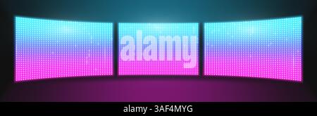 Tre schermi a LED sullo sfondo del palco. Illustrazione vettoriale realistica di pannelli luminosi al neon blu e rosa, programmi tv, stadio, concerto o attrezzatura da parete da night club, display lcd con griglia a punti a colori Illustrazione Vettoriale