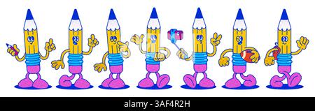 Set di personaggi a matita dei cartoni animati - mascotte a matita gialla con occhi, mani e gambe rosa. Stare in piedi, camminare, sventolare la mano, scattare selfie e varie pose emotive. Divertente elemento umanizzato di cancelleria scolastica. Illustrazione Vettoriale