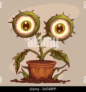 Graziosa illustrazione di piante mostruose con grandi occhi: Creatura verde cartoni animati che cresce dalla pentola. Fiori rotondi come centri incorniciati da foglie spighe. Terribili piante d'appartamento stilizzate in vaso di fiori con terreno. Illustrazione Vettoriale