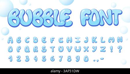 Divertente alfabeto di caratteri blu con numeri e simboli, bolle fluttuanti, tipografia divertente, design per bambini Illustrazione Vettoriale