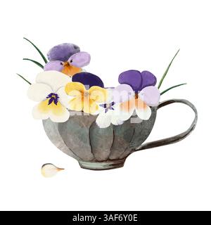 Tazza in ceramica acquerello con fiori e petali viola scuro, giallo e crema. Clipart floreale per design vintage, inviti di nozze, biglietti Foto Stock