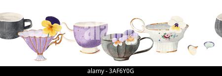 Bordo ad acquerello disegnato a mano con tazze in porcellana e ceramica, accenti d'oro e fiori viola in fiore. Ideale per inviti, imballaggi, scrapbooking Foto Stock
