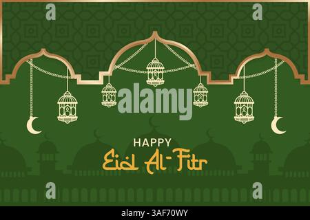 Uno striscione festoso Eid al-Fitr caratterizzato da eleganti decorazioni a lanterna e uno sfondo a tema verde, perfetto per celebrare l'occasione. Illustrazione Vettoriale