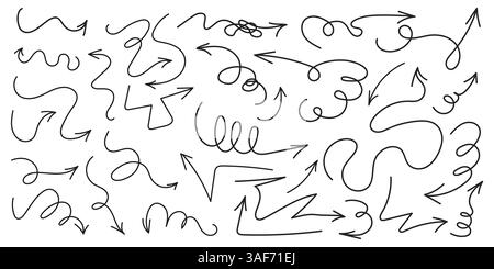 Set di frecce con linea nera disegnate a mano. Frecce curve e aggrovigliate. Icone del puntatore di direzione organica. Raccolta di molte frecce diverse per la linea di scarabocchi Illustrazione Vettoriale