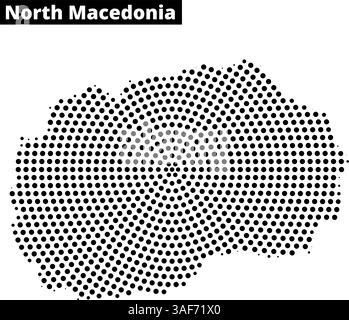 Rappresentazione dettagliata della Macedonia del Nord che mostra la sua forma e le aree circostanti, con drammatici motivi a punti che enfatizzano le regioni chiave. Illustrazione Vettoriale