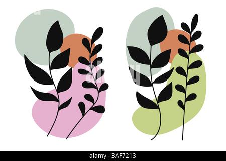 Bohémien botanico astratto caratterizzato da audaci silhouette di piante nere abbinate a forme morbide color pastello Illustrazione Vettoriale