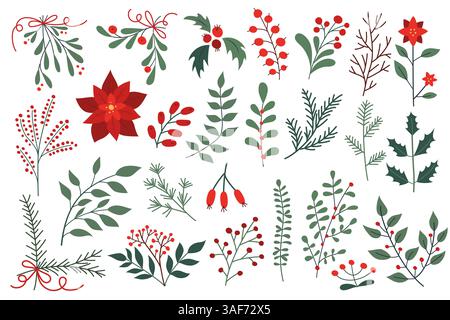 Set di elementi botanici a tema natalizio con poinsettias, holly, mistero, rami sempreverdi e bacche rosse Illustrazione Vettoriale