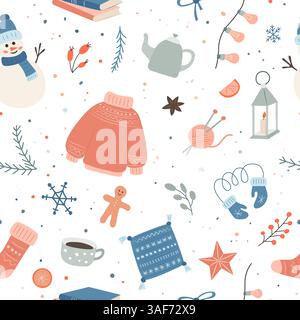 Motivo senza cuciture con articoli a tema invernale come maglioni, guanti, candele, pan di zenzero, pupazzo di neve, e un accogliente arredamento stagionale Illustrazione Vettoriale