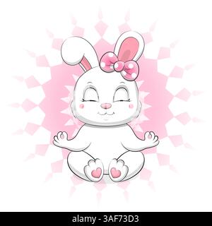 Un carino cartone animato coniglio bianco sta meditando. Illustrazione vettoriale di un animale su sfondo bianco e rosa. Illustrazione Vettoriale