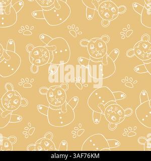 Un motivo senza cuciture con adorabili personaggi dell'orso chibi che indossano comodi abiti invernali, delineati in bianco su un caldo sfondo marrone. Perfetto per chi Illustrazione Vettoriale