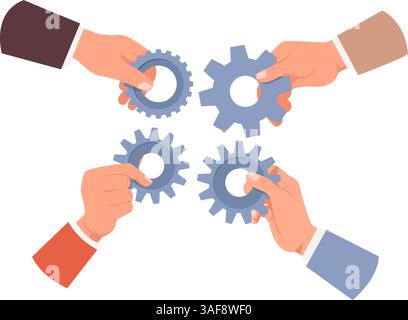 Le mani con gli ingranaggi mettono insieme il meccanismo. Velocità e prestazioni migliorate. Lavoro di squadra. Fissare e assemblare la macchina. I bracci uniscono le ruote dentate. Sfida al lavoro di squadra. Illustrazione Vettoriale